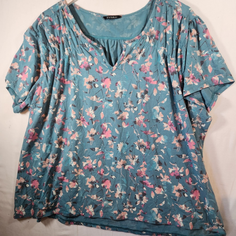 Nicole Miller Original Teal Floral Split Neck Shirred Blouse Short Sleeve Top